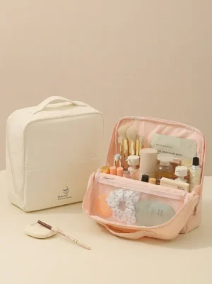 A001 Wholesale Premium Taslon Travel Cosmetic Bag | Large Capacity Square Makeup Organizer with Brush Slots (OEM/ODM)
