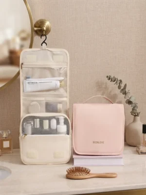 A007-1 Wholesale Premium Skin-Feel Hanging Toiletry Case | 4-Zone Wet-Dry Separated Travel Cosmetic Organizer with Built-In Hook (OEM/ODM)