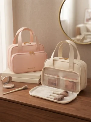 Wholesale Portable Toiletry Bag | Premium Skin-Feel Travel Cosmetic Organizer with Brush Storage (OEM/ODM)