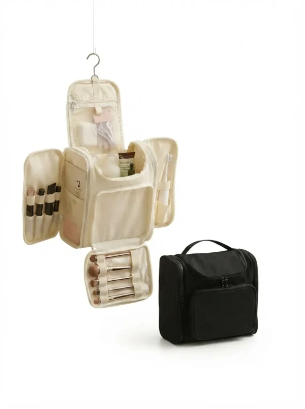 Wholesale Large Capacity Hanging Taslon Toiletry Bag | Multi-Wing Executive Travel Cosmetic Organizer with Professional Brush Slots (OEM/ODM)