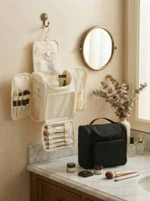 A011-3 Wholesale Large Capacity Hanging Taslon Toiletry Bag | Multi-Wing Executive Travel Cosmetic Organizer with Professional Brush Slots (OEM/ODM)