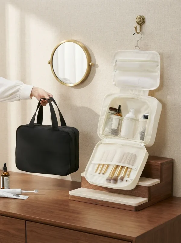 Wholesale Extra-Large Hanging Taslon Toiletry Bag | 4-Tier Foldable Travel Cosmetic Organizer with Heavy-Duty Swivel Hook (OEM/ODM)