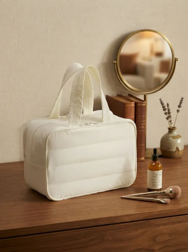 Wholesale Premium Quilted Taslon Toiletry Bag | Handheld Travel Cosmetic Organizer with Drop-Down Makeup Brush Compartment (OEM/ODM)