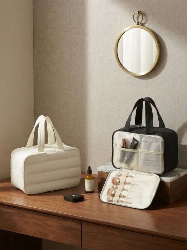 Wholesale Premium Quilted Taslon Toiletry Bag | Handheld Travel Cosmetic Organizer with Drop-Down Makeup Brush Compartment (OEM/ODM)