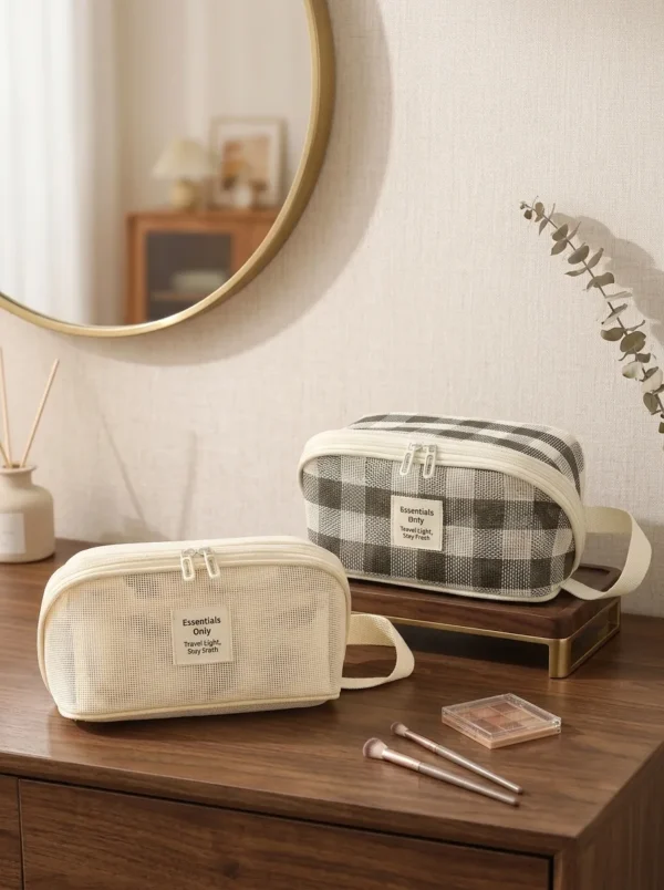 A014-1 Wholesale Breathable Teslin Mesh Cosmetic Bag | Bulk Lightweight Travel Makeup Pouch with Side Handle & Dual Zippers (OEM/ODM)