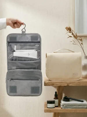 A016-1 Wholesale Sustainable RPET Hanging Toiletry Bag | Bulk Eco-Friendly Travel Cosmetic Organizer with Built-In Swivel Hook (OEM/ODM)