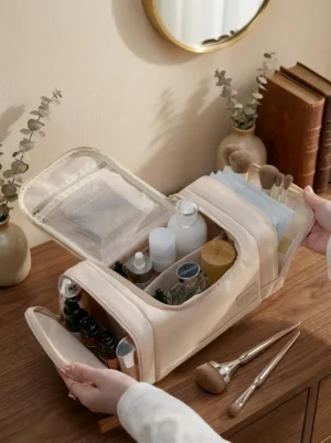 A017-1 Wholesale Sustainable RPET Travel Toiletry Bag | Bulk Eco-Friendly Multi-Compartment Cosmetic Organizer with Dual Side-Access Wings (OEM/ODM)