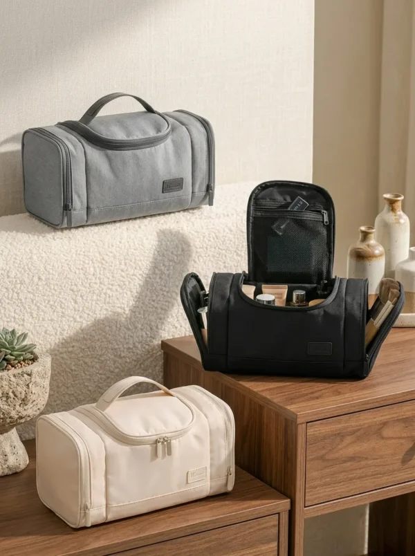 Wholesale Sustainable RPET Travel Toiletry Bag | Bulk Eco-Friendly Multi-Compartment Cosmetic Organizer with Dual Side-Access Wings (OEM/ODM)