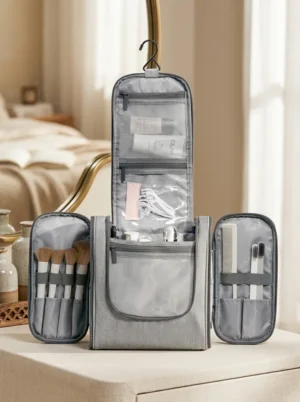 A018-1 Wholesale Sustainable RPET Hanging Toiletry Bag | Bulk Eco-Friendly Travel Cosmetic Organizer with Dual Side-Wing Compartments (OEM/ODM)