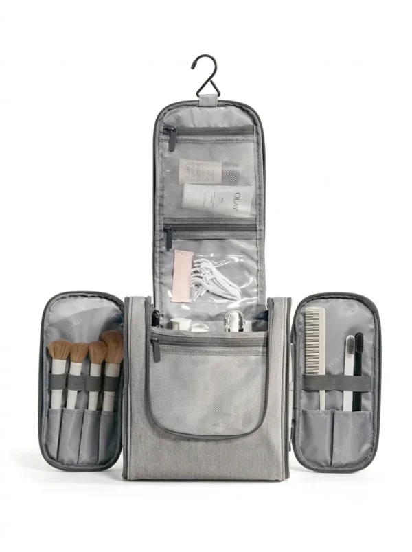 Wholesale Sustainable RPET Hanging Toiletry Bag | Bulk Eco-Friendly Travel Cosmetic Organizer with Dual Side-Wing Compartments (OEM/ODM)