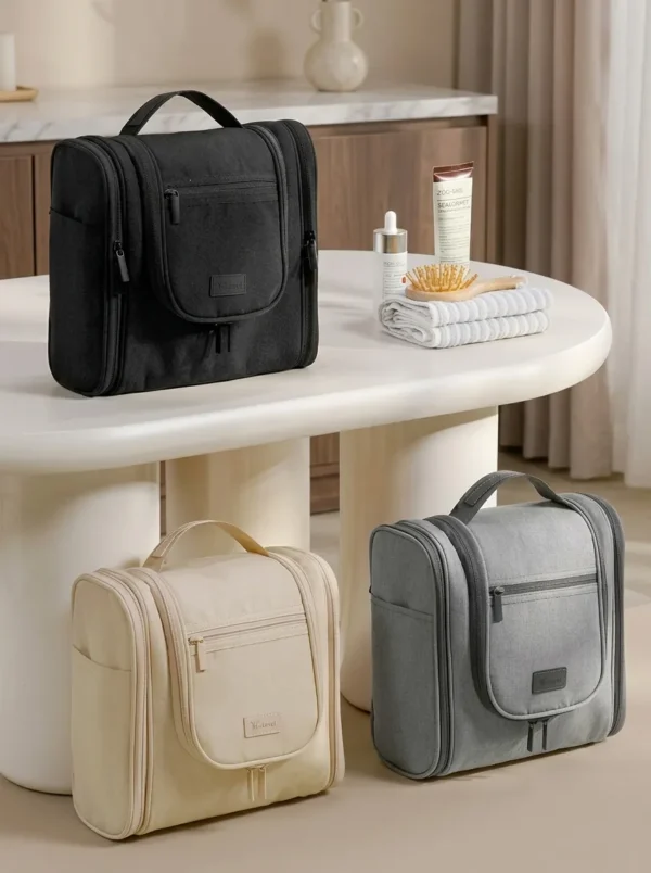 Wholesale Sustainable RPET Hanging Toiletry Bag | Bulk Eco-Friendly Travel Cosmetic Organizer with Dual Side-Wing Compartments (OEM/ODM)