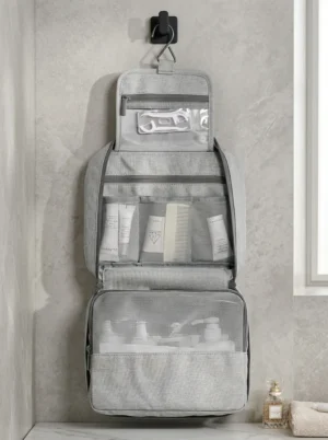A019-1 Wholesale Sustainable RPET Hanging Toiletry Bag | Bulk Eco-Friendly Fold-Out Travel Cosmetic Organizer with Metal Swivel Hook (OEM/ODM)
