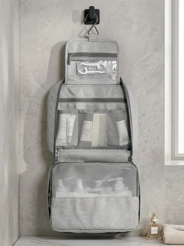 Wholesale Sustainable RPET Hanging Toiletry Bag | Bulk Eco-Friendly Fold-Out Travel Cosmetic Organizer with Metal Swivel Hook (OEM/ODM)