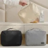 Wholesale Sustainable RPET Hanging Toiletry Bag | Bulk Eco-Friendly Fold-Out Travel Cosmetic Organizer with Metal Swivel Hook (OEM/ODM)