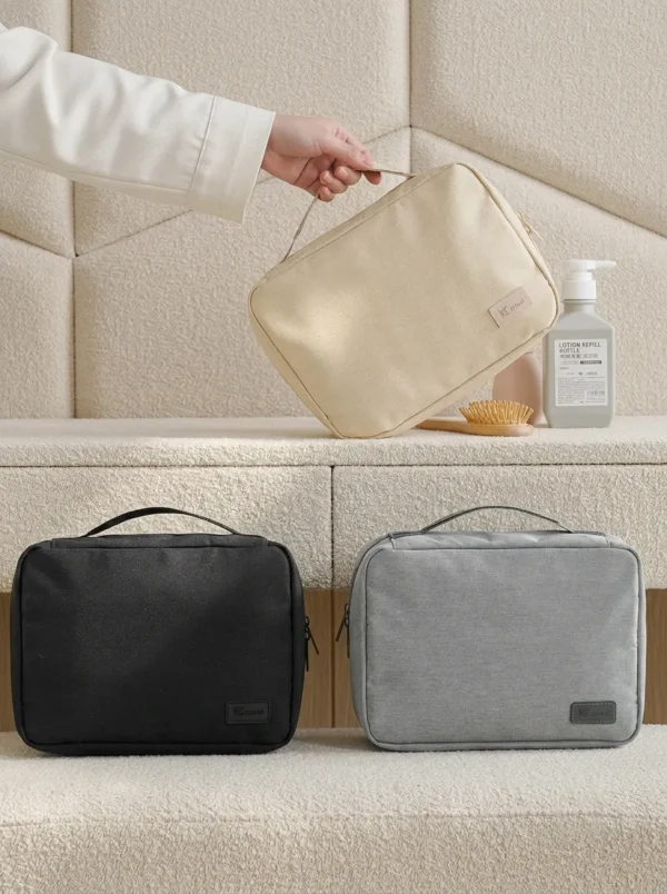 Wholesale Sustainable RPET Hanging Toiletry Bag | Bulk Eco-Friendly Fold-Out Travel Cosmetic Organizer with Metal Swivel Hook (OEM/ODM)