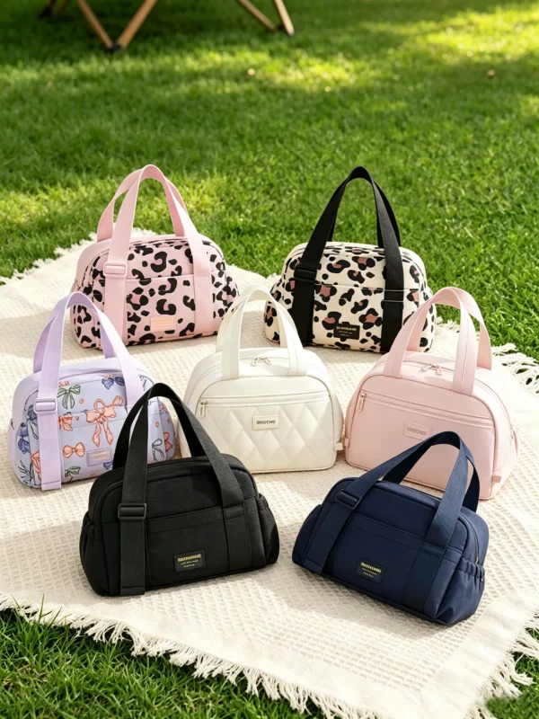 B003-3 Wholesale Multi-Pocket Polyester Lunch Bag | Patterned Insulated Food Tote with Side Pockets (OEM/ODM)
