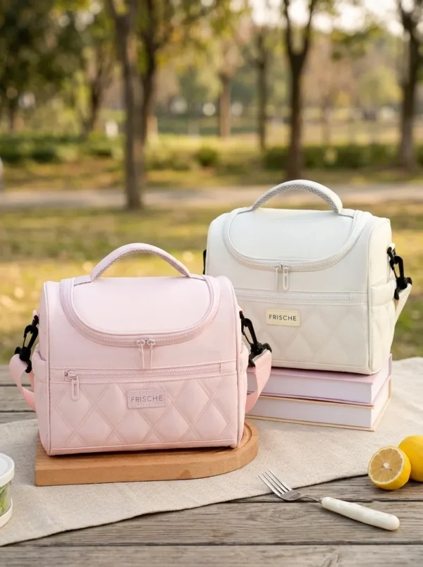 B006-1 Wholesale Quilted Insulated Lunch Bag with Shoulder Strap | Bulk Eco-Friendly Polyester Picnic Cooler with Leakproof PEVA Lining (OEM/ODM)