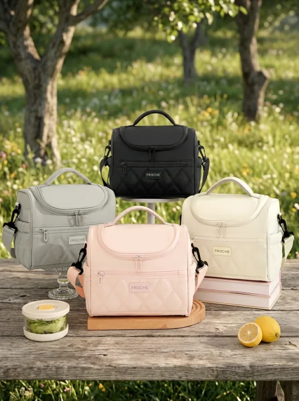 B006-3 Wholesale Quilted Insulated Lunch Bag with Shoulder Strap | Bulk Eco-Friendly Polyester Picnic Cooler with Leakproof PEVA Lining (OEM/ODM)