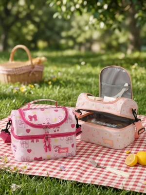 Wholesale Kids Double Decker Insulated Lunch Bag | Bulk Double Layer Children Picnic Cooler with Adjustable Shoulder Strap & Utensil Pocket (OEM/ODM)