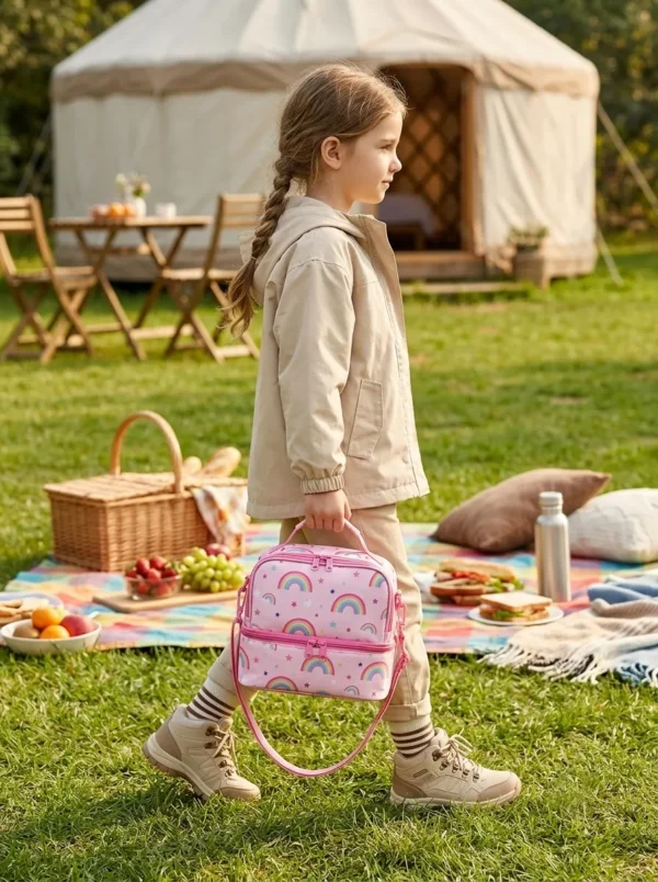 Wholesale Kids Double Decker Insulated Lunch Bag | Bulk Double Layer Children Picnic Cooler with Adjustable Shoulder Strap & Utensil Pocket (OEM/ODM)