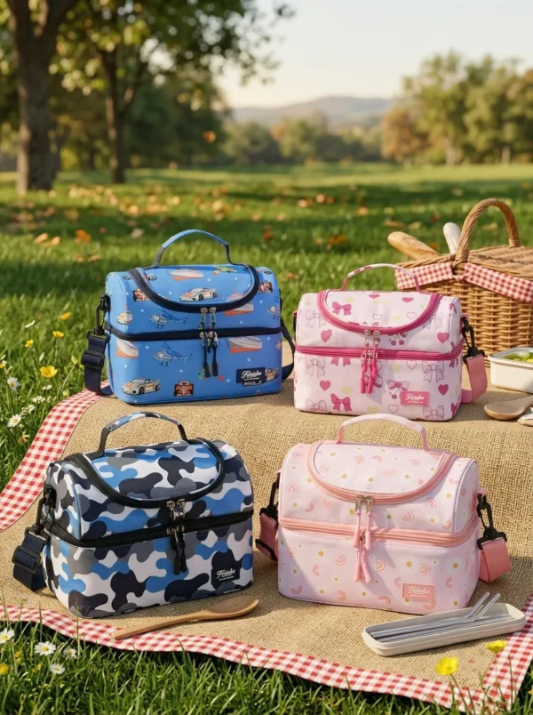 Wholesale Kids Double Decker Insulated Lunch Bag | Bulk Double Layer Children Picnic Cooler with Adjustable Shoulder Strap & Utensil Pocket (OEM/ODM)