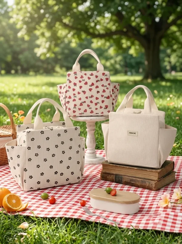 Wholesale Retro Corduroy Insulated Lunch Bag | Bulk Thermal Aluminum Foil Picnic Cooler Tote with Double Side Pockets (OEM/ODM)