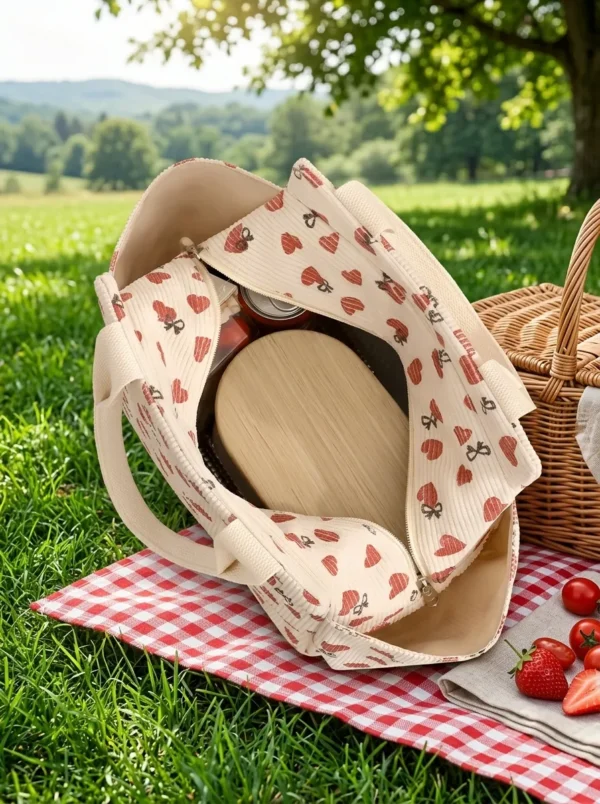 Wholesale Retro Corduroy Insulated Lunch Bag | Bulk Thermal Aluminum Foil Picnic Cooler Tote with Double Side Pockets (OEM/ODM)