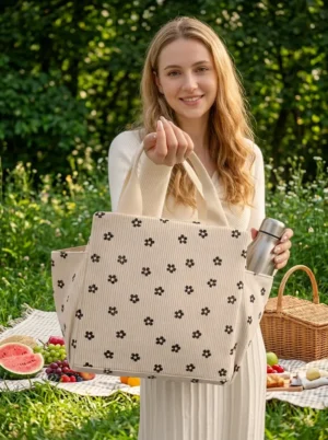B010-3 Wholesale Retro Corduroy Insulated Lunch Bag | Bulk Thermal Aluminum Foil Picnic Cooler Tote with Double Side Pockets (OEM/ODM)