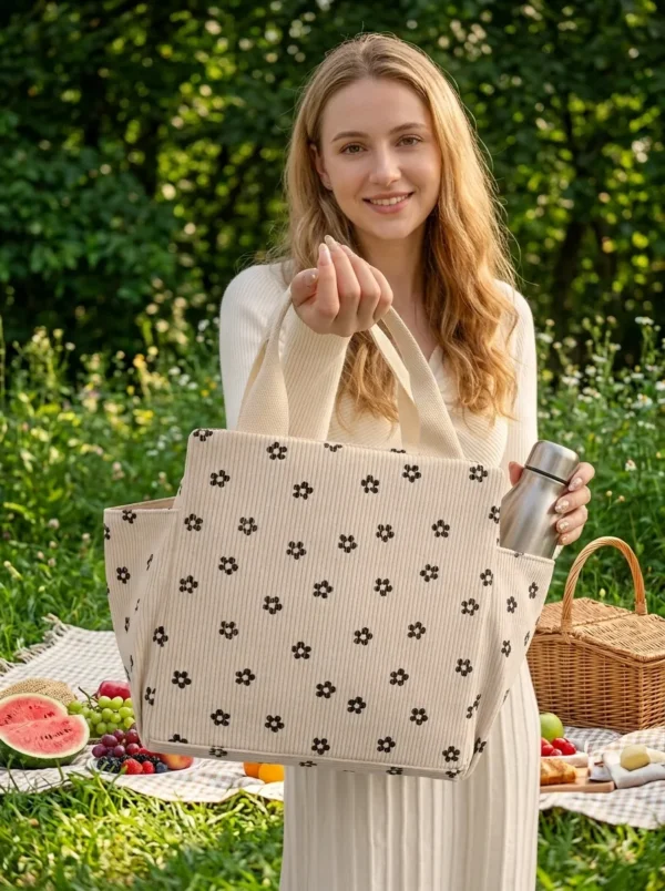 Wholesale Retro Corduroy Insulated Lunch Bag | Bulk Thermal Aluminum Foil Picnic Cooler Tote with Double Side Pockets (OEM/ODM)