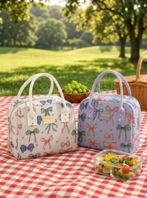 Wholesale Printed Bow Polyester Cooler Bag | Bulk Insulated Thermal Lunch Tote with Rivet-Reinforced Double Handles & Metal Zipper for Commuters & Picnic (OEM/ODM)