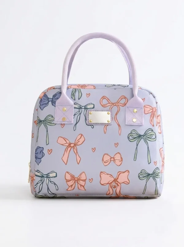 B013-2 Wholesale Printed Bow Polyester Cooler Bag | Bulk Insulated Thermal Lunch Tote with Rivet-Reinforced Double Handles & Metal Zipper for Commuters & Picnic (OEM/ODM)