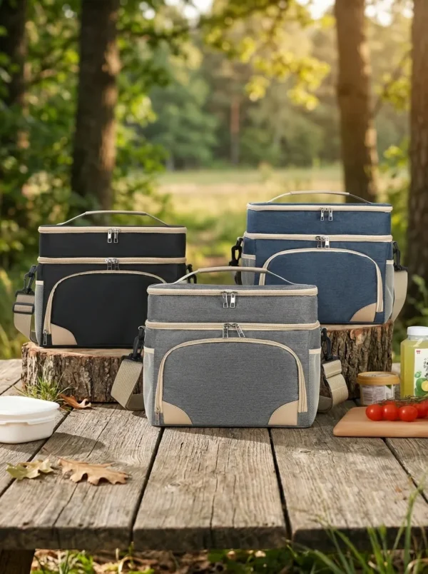 B015-1 Wholesale Men's Double Decker Insulated Lunch Bag | Bulk Heavy-Duty Polyester Picnic Cooler Tote with Adjustable Shoulder Strap & Mesh Side Pockets (OEM/ODM)