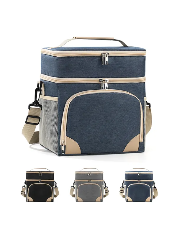 B015-2 Wholesale Men's Double Decker Insulated Lunch Bag | Bulk Heavy-Duty Polyester Picnic Cooler Tote with Adjustable Shoulder Strap & Mesh Side Pockets (OEM/ODM)