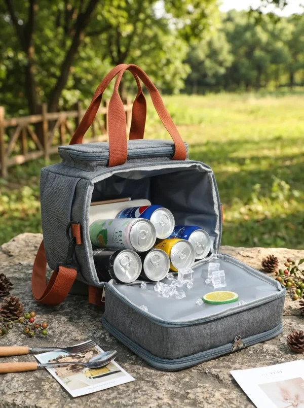 B015-3 Wholesale Men's Double Decker Insulated Lunch Bag | Bulk Heavy-Duty Polyester Picnic Cooler Tote with Adjustable Shoulder Strap & Mesh Side Pockets (OEM/ODM)