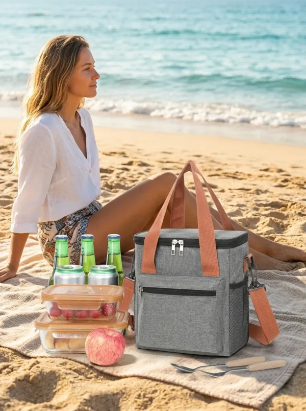 B017-1 Wholesale Vertical Polyester Cooler Bag | Bulk Insulated Lunch Box Tote with Contrast Orange Straps, Front Zipper Pouch & Side Mesh Pocket for Commuters & Picnic (OEM/ODM)