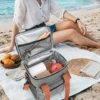 B017-2 Wholesale Vertical Polyester Cooler Bag | Bulk Insulated Lunch Box Tote with Contrast Orange Straps, Front Zipper Pouch & Side Mesh Pocket for Commuters & Picnic (OEM/ODM)