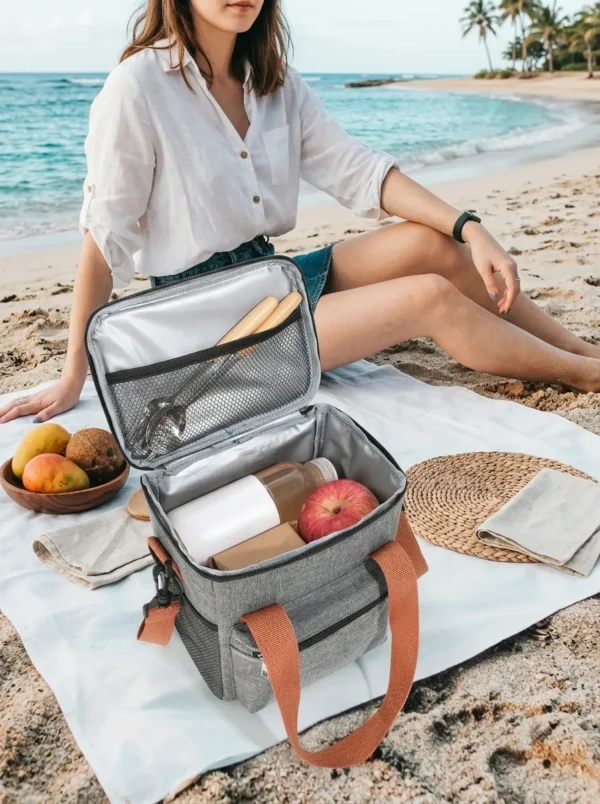 B017-2 Wholesale Vertical Polyester Cooler Bag | Bulk Insulated Lunch Box Tote with Contrast Orange Straps, Front Zipper Pouch & Side Mesh Pocket for Commuters & Picnic (OEM/ODM)