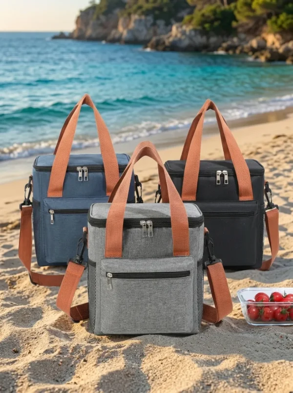 B017-3 Wholesale Vertical Polyester Cooler Bag | Bulk Insulated Lunch Box Tote with Contrast Orange Straps, Front Zipper Pouch & Side Mesh Pocket for Commuters & Picnic (OEM/ODM)