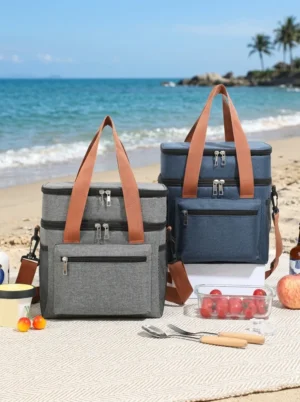 Wholesale Heavy-Duty Double Decker Lunch Bag | Bulk Polyester Insulated Picnic Cooler Tote with Contrast Orange Straps, Multi-Pockets & Detachable Shoulder Strap for Commuters & Outdoors (OEM/ODM)