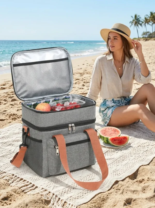 Wholesale Heavy-Duty Double Decker Lunch Bag | Bulk Polyester Insulated Picnic Cooler Tote with Contrast Orange Straps, Multi-Pockets & Detachable Shoulder Strap for Commuters & Outdoors (OEM/ODM)