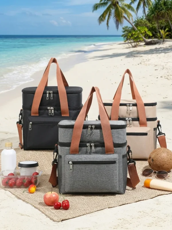 Wholesale Heavy-Duty Double Decker Lunch Bag | Bulk Polyester Insulated Picnic Cooler Tote with Contrast Orange Straps, Multi-Pockets & Detachable Shoulder Strap for Commuters & Outdoors (OEM/ODM)