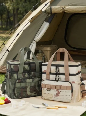 Wholesale Heavy-Duty Tactical Double Decker Cooler Bag | Bulk Camo Polyester Insulated Lunch Tote with MOLLE Webbing, Front Utility Pocket & Detachable Shoulder Strap for Outdoor Camping (OEM/ODM)