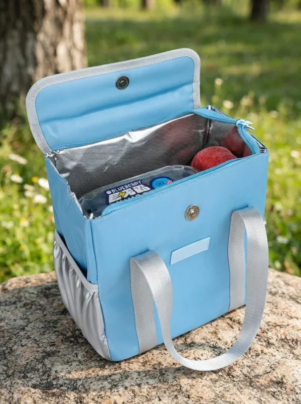 Wholesale Pastel Oxford Insulated Lunch Bag | Bulk Cute Commuter Thermal Cooler Tote with Metallic Silver Side Pockets & Fold-Over Top Zipper for Women & School (OEM/ODM)