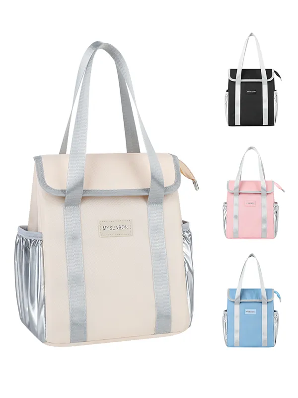 Wholesale Pastel Oxford Insulated Lunch Bag | Bulk Cute Commuter Thermal Cooler Tote with Metallic Silver Side Pockets & Fold-Over Top Zipper for Women & School (OEM/ODM)