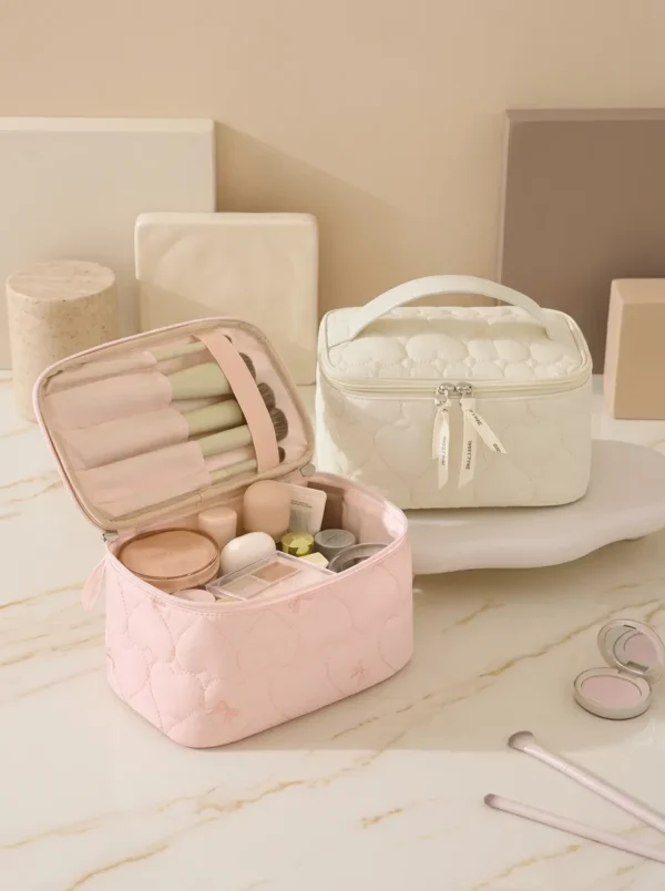 Wholesale Custom Heart Quilted Nylon Cosmetic Bag | Travel Makeup Organizer Bag & Toiletry Case with Brush Slots (OEM / ODM)
