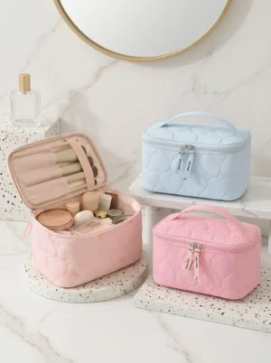 Wholesale Custom Heart Quilted Nylon Cosmetic Bag | Travel Makeup Organizer Bag & Toiletry Case with Brush Slots (OEM / ODM)