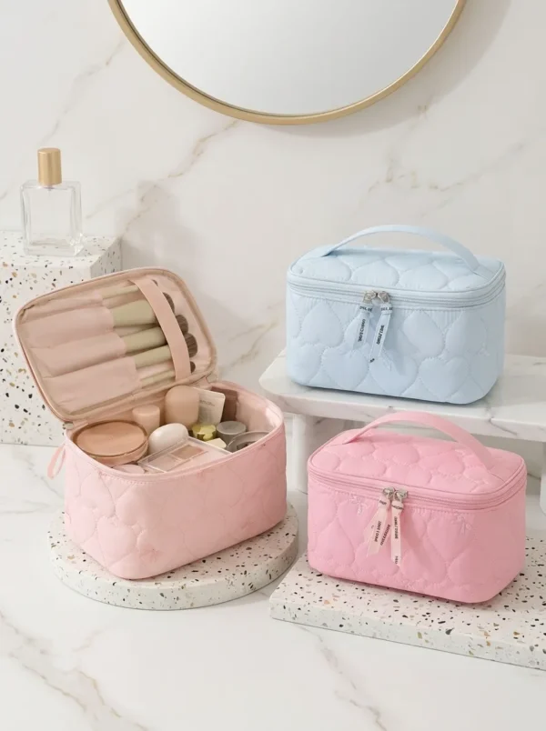 Wholesale Custom Heart Quilted Nylon Cosmetic Bag | Travel Makeup Organizer Bag & Toiletry Case with Brush Slots (OEM / ODM)