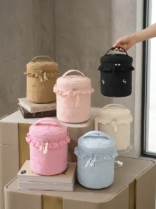 Custom Ruffle Cosmetic Bag Wholesale Cylinder Makeup Bag Manufacturer