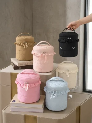 A024-1 Wholesale Custom Ruffle Cylinder Nylon Cosmetic Bag | Bucket Travel Makeup Bag & Skincare Case with Dividers (OEM / ODM)