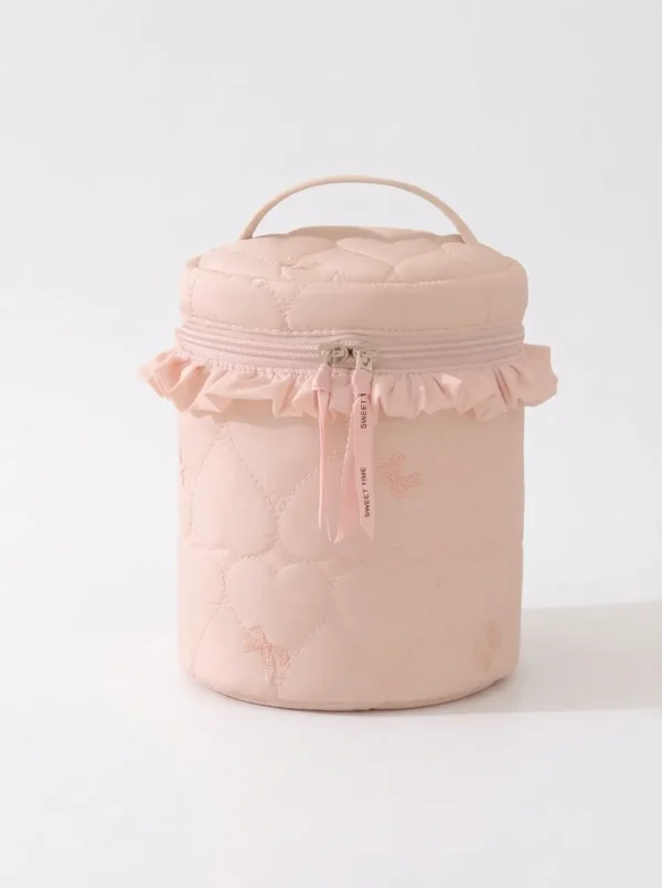 A024-3 Wholesale Custom Ruffle Cylinder Nylon Cosmetic Bag | Bucket Travel Makeup Bag & Skincare Case with Dividers (OEM / ODM)